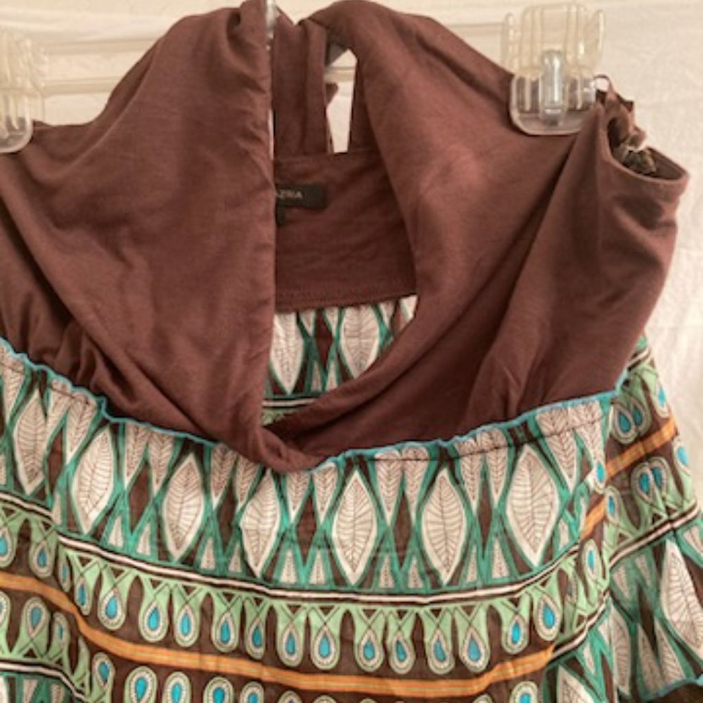 Flared, whispy, cotton brown and blue halter dress.  XL